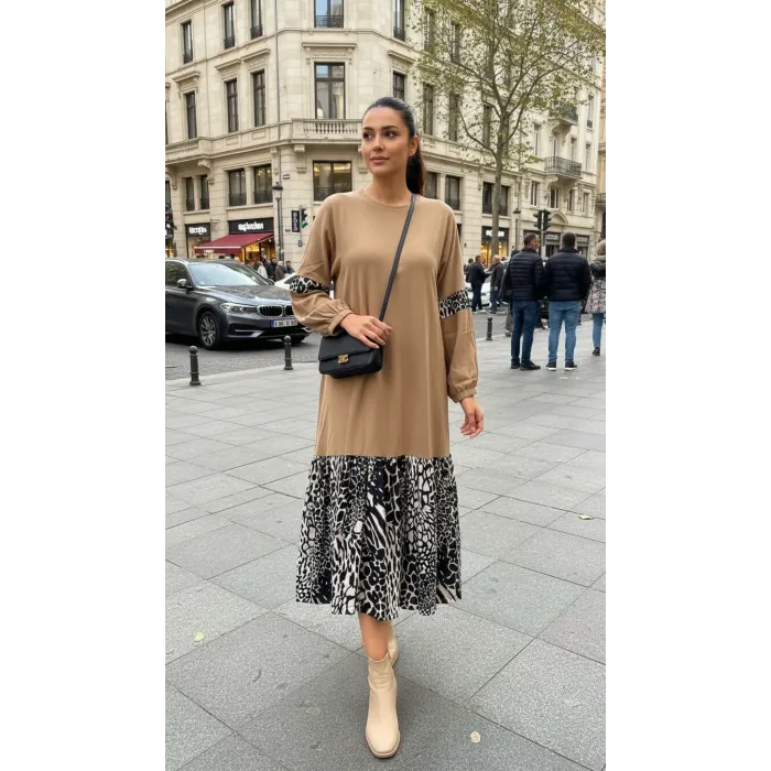 İnvee 6763 Bej Koton Elbise