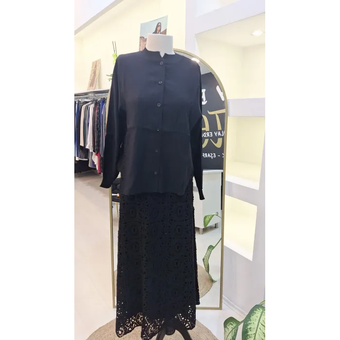 İNVEE DANTEL GUPURLU ETEKLİ TAKİM SİYAH 7008