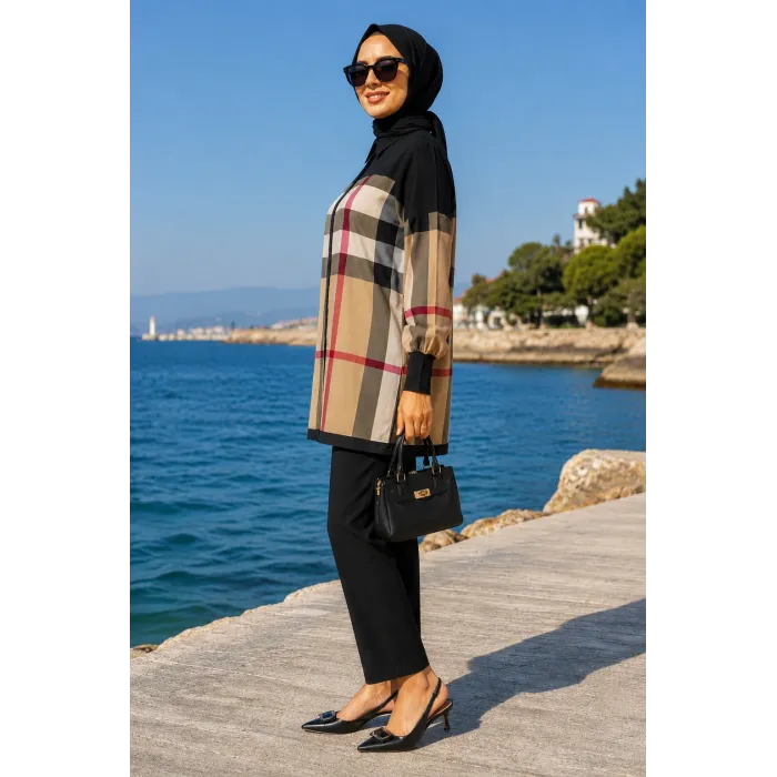 İNVEE EKOSE DESENLİ SİYAH TUNİK 6652