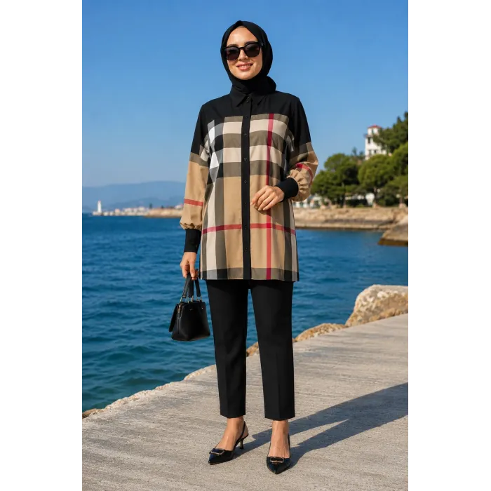 İNVEE EKOSE DESENLİ SİYAH TUNİK 6652