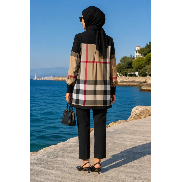 İNVEE EKOSE DESENLİ SİYAH TUNİK 6652