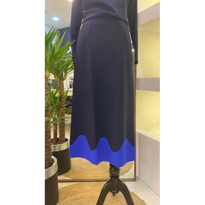 İnvee Etek Ucu Dalga Desenli Lacivert Rayon Triko Evaze Etek 6905