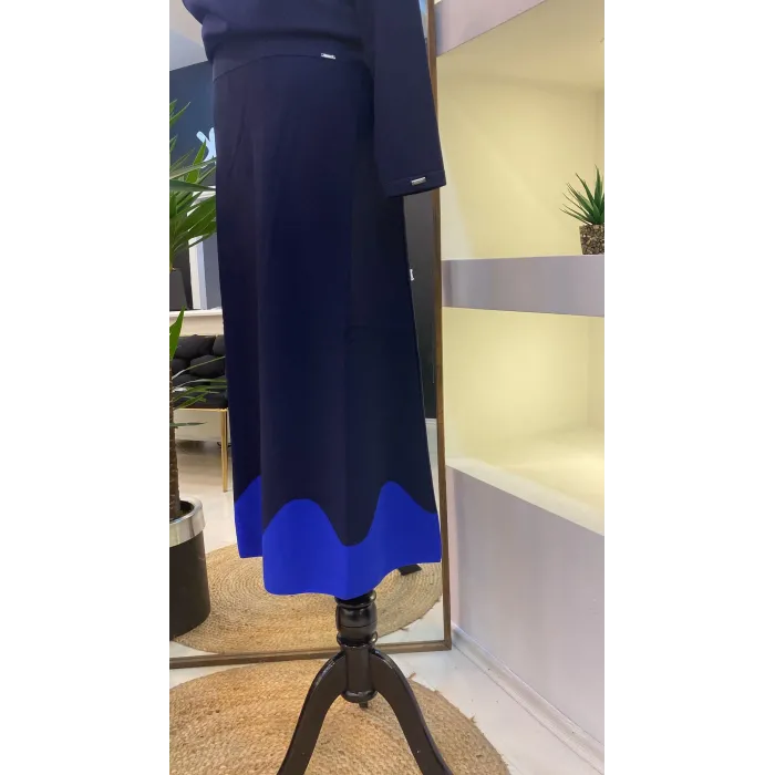 İnvee Etek Ucu Dalga Desenli Lacivert Rayon Triko Evaze Etek 6905