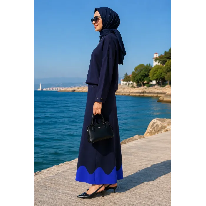 İnvee Etek Ucu Dalga Desenli Lacivert Rayon Triko Evaze Etek 6905