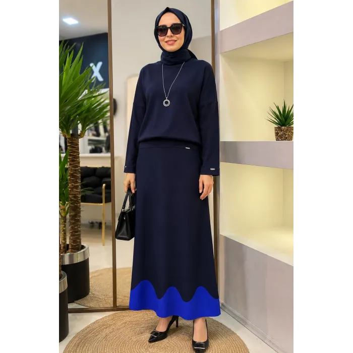 İnvee Etek Ucu Dalga Desenli Lacivert Rayon Triko Evaze Etek 6905