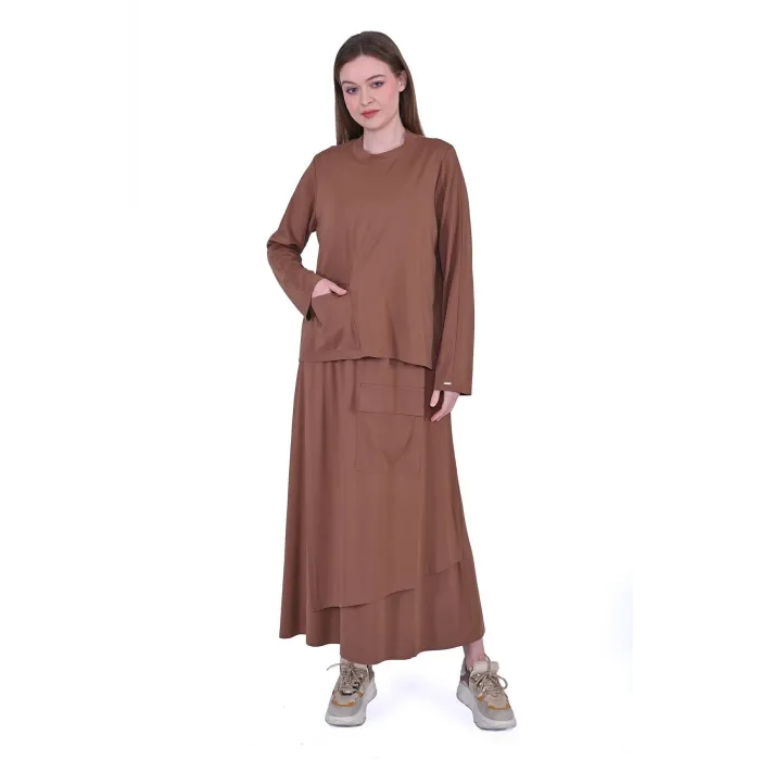 invee etekli cep detayli takim kahve 7023