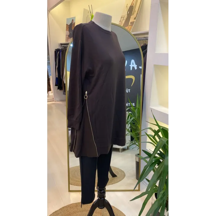 invee fermuar detayli tunik 7047 kahve