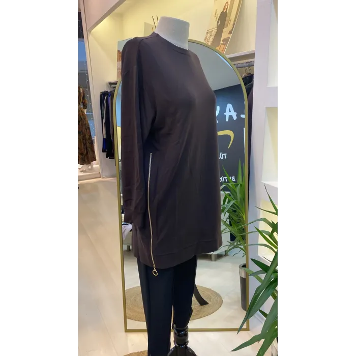 invee fermuar detayli tunik 7047 kahve