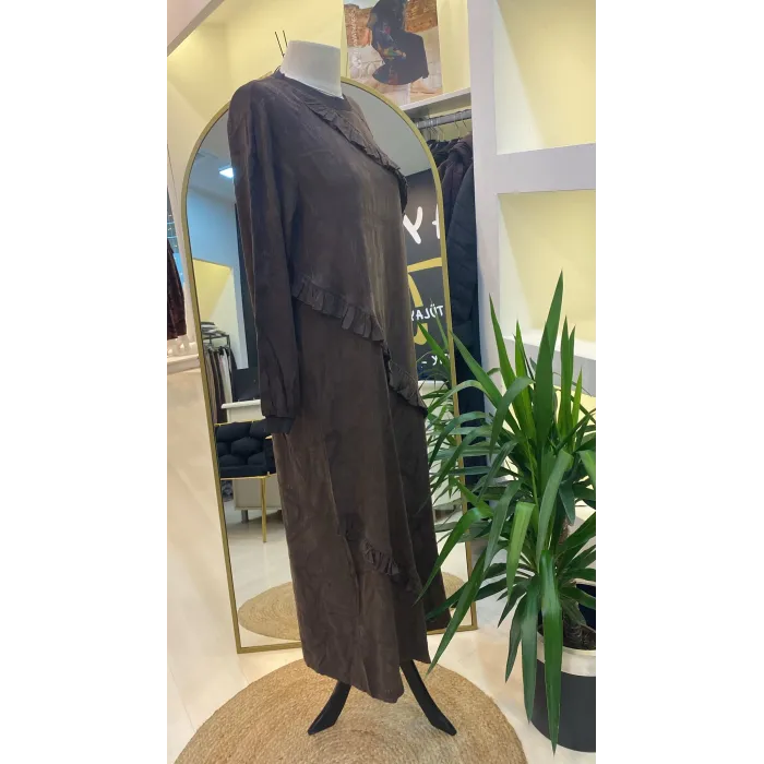 İNVEE MODAL ELBİSE FİRFİR DETAYLİ 7024 HAHVE