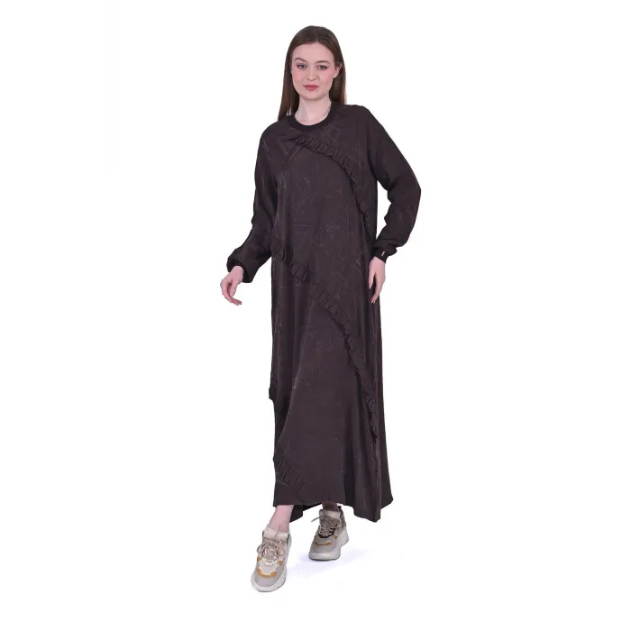 İNVEE MODAL ELBİSE FİRFİR DETAYLİ 7024 HAHVE