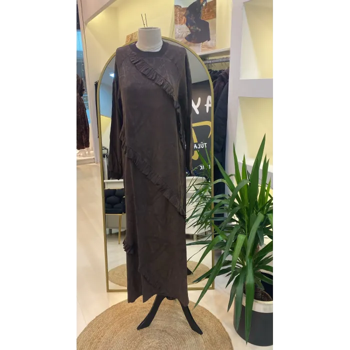 İNVEE MODAL ELBİSE FİRFİR DETAYLİ 7024 HAHVE