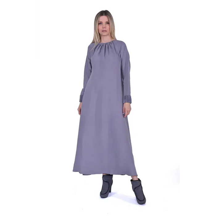 İNVEE YAKA VE KOL DATAYLİ ELBİSE GRİ6964