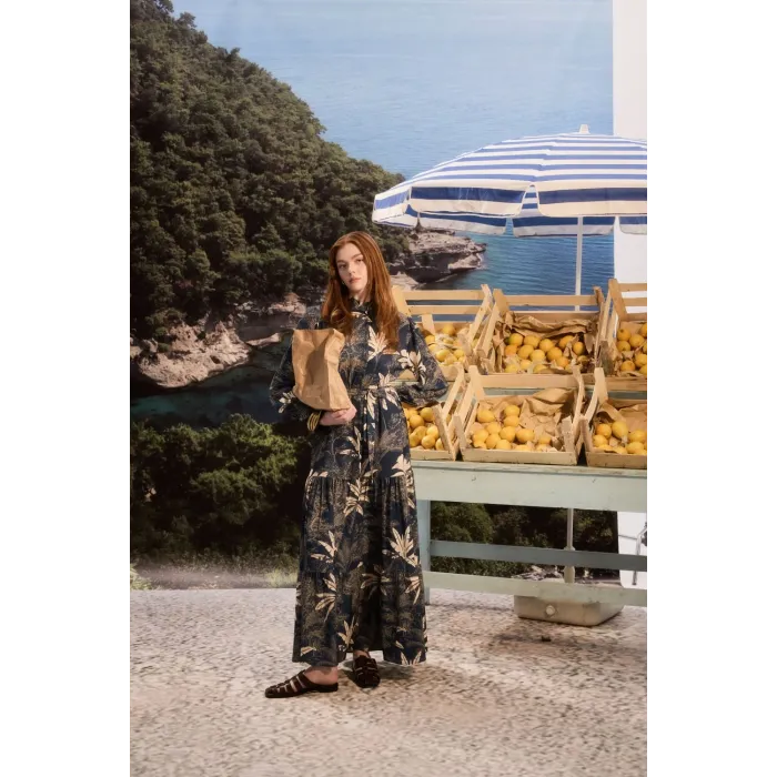 merwish Desenli Uzun Krep -Summer Elbise 1325 laçivert