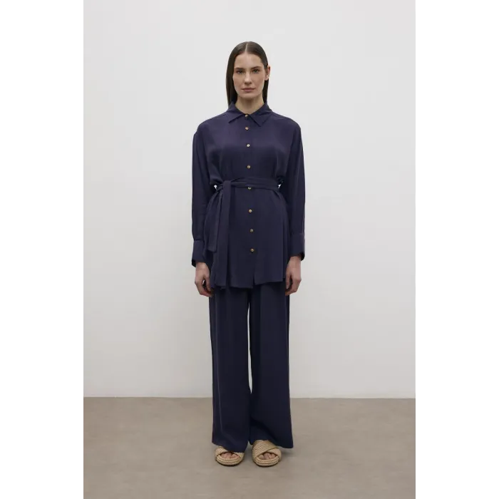 merwish Dubai Kuşaklı Keten Takım 1354 laçivert