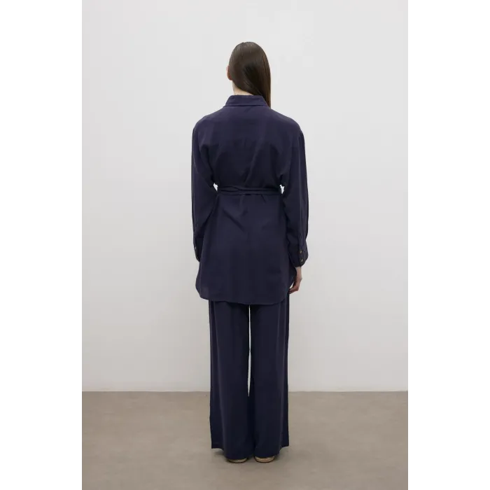 merwish Dubai Kuşaklı Keten Takım 1354 laçivert