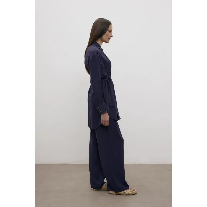 merwish Dubai Kuşaklı Keten Takım 1354 laçivert