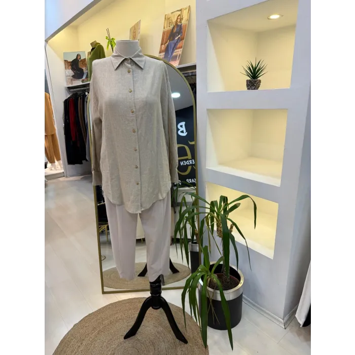 merwish Düğme Keten Gömlek-BEJ 1362