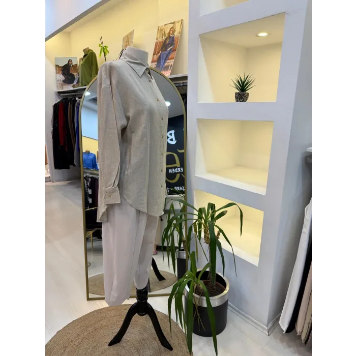 merwish Düğme Keten Gömlek-BEJ 1362