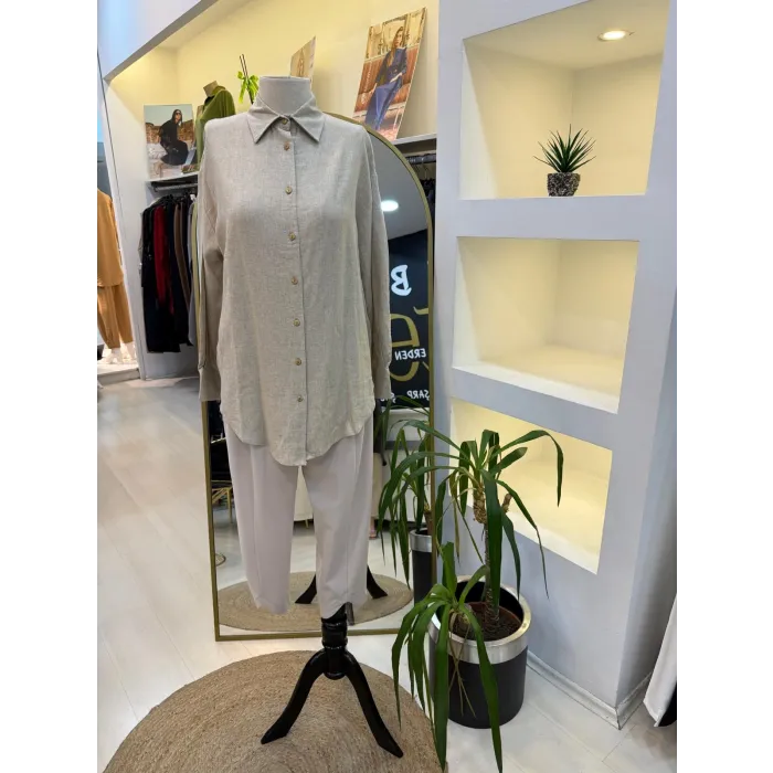 merwish Düğme Keten Gömlek-BEJ 1362