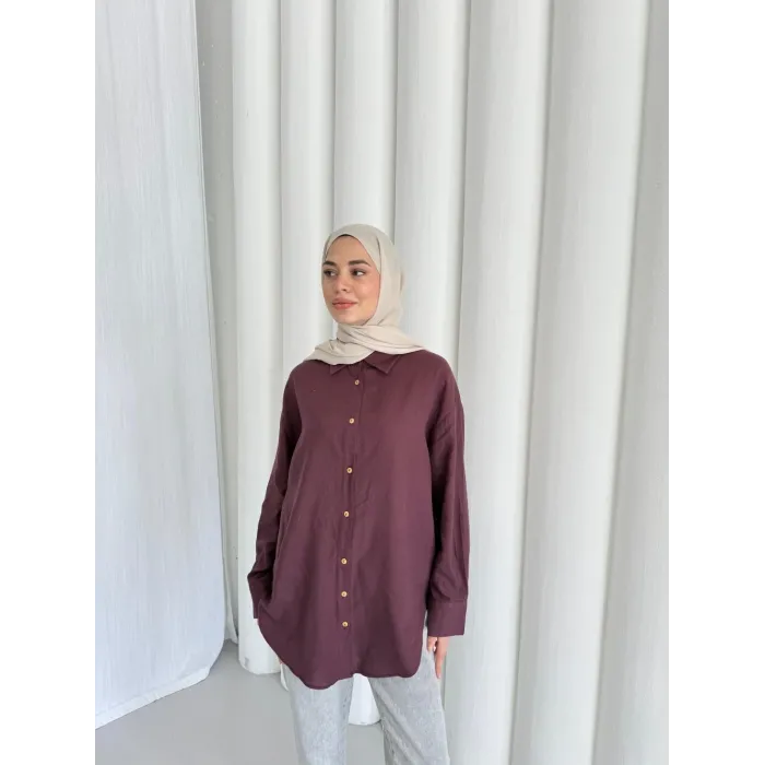 merwish Düğme Keten Gömlek-Bordo 1362