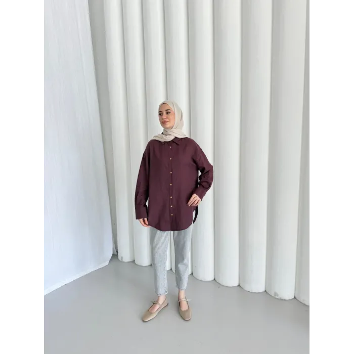 merwish Düğme Keten Gömlek-Bordo 1362