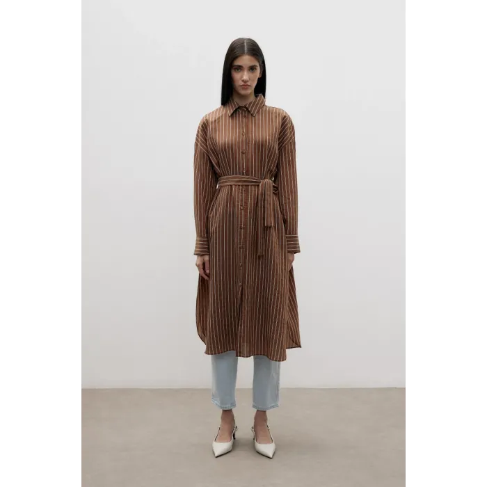 MERWİSH Mono Uzun Gömlek-Kahverengi 1388