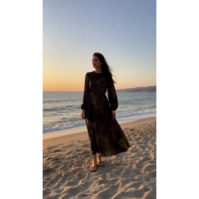 Misswhence 39842 siyah desenli Cupro Elbise