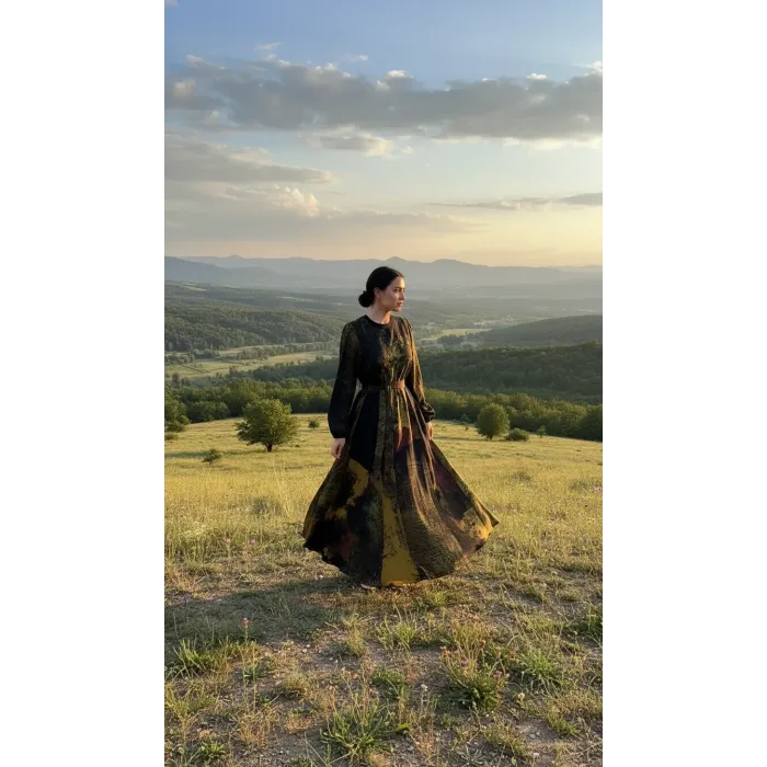 Misswhence 39842 siyah desenli Cupro Elbise