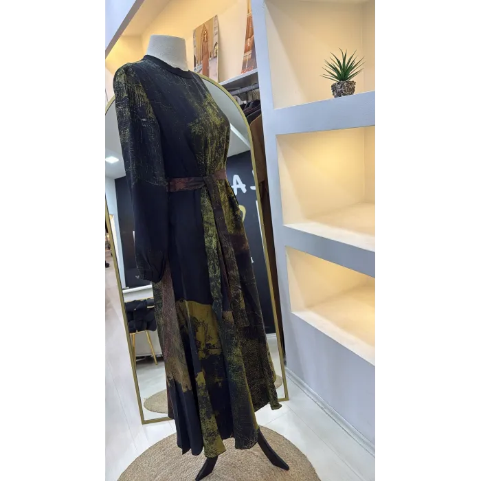 Misswhence 39842 siyah desenli Cupro Elbise