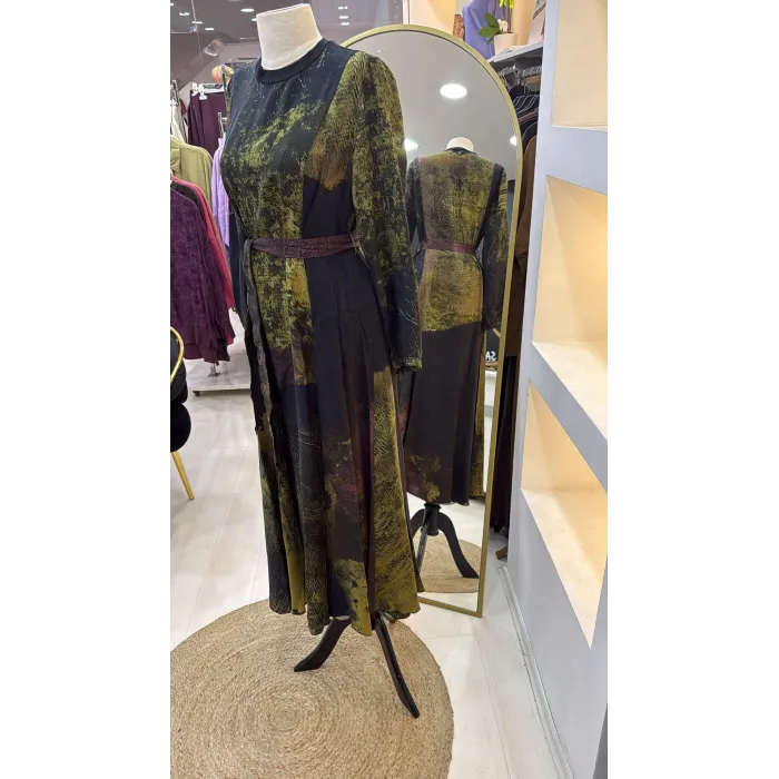 Misswhence 39842 siyah desenli Cupro Elbise