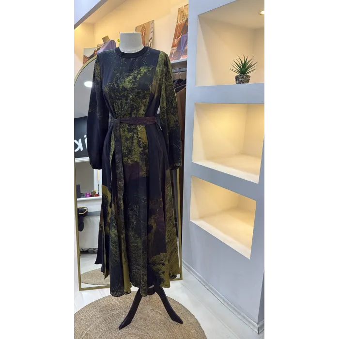 Misswhence 39842 siyah desenli Cupro Elbise