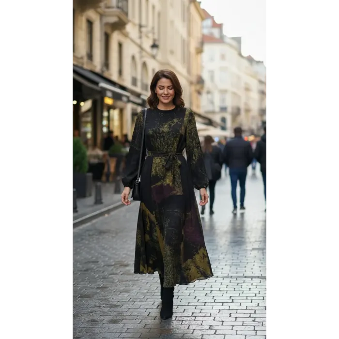 Misswhence 39842 siyah desenli Cupro Elbise