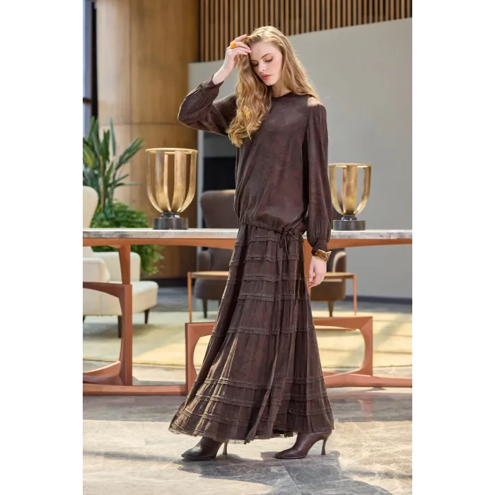 Misswhence Cupro Dantelli Etek Takım 38025 kahverengi