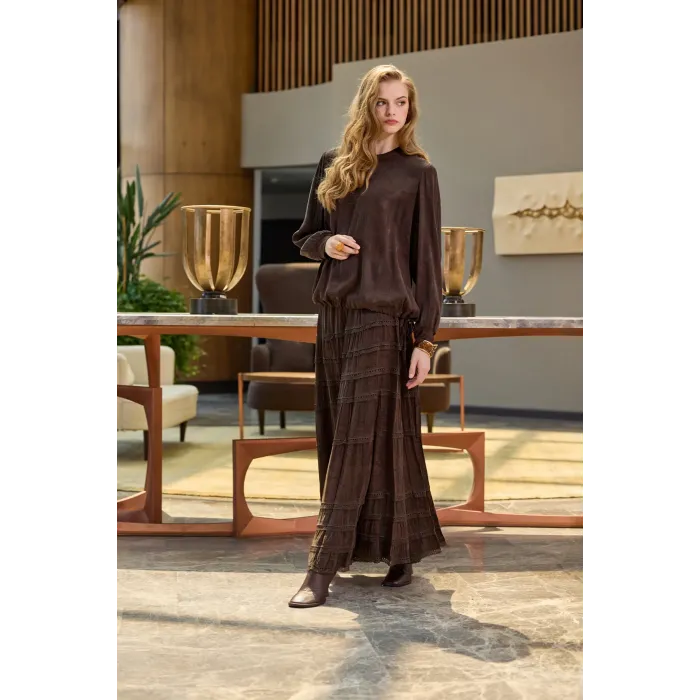 Misswhence Cupro Dantelli Etek Takım 38025 kahverengi