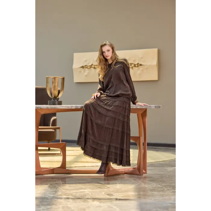 Misswhence Cupro Dantelli Etek Takım 38025 kahverengi