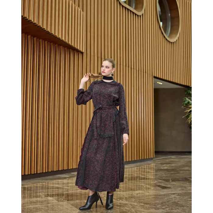 Misswhence Desenli Cupro Elbise 38829 bordo