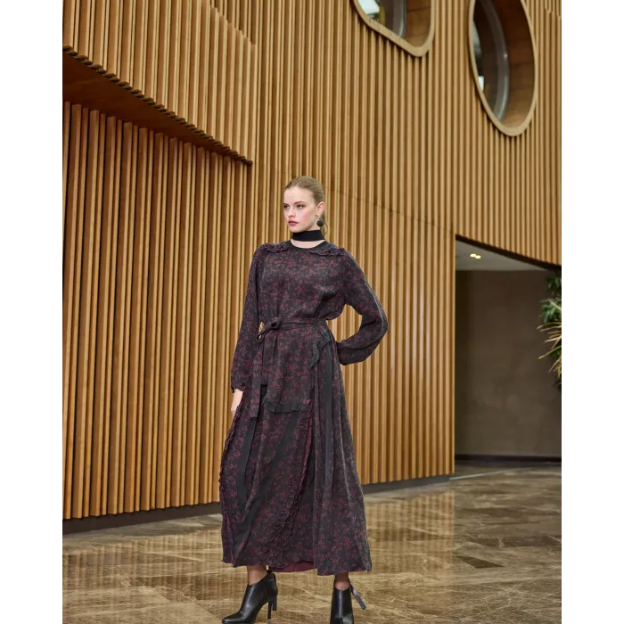 Misswhence Desenli Cupro Elbise 38829 bordo