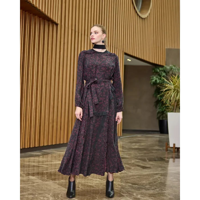 Misswhence Desenli Cupro Elbise 38829 bordo