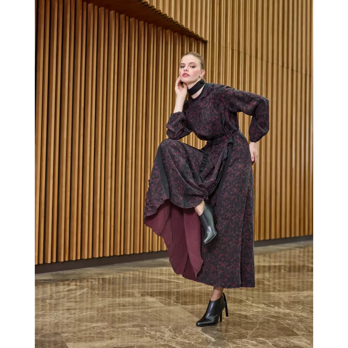 Misswhence Desenli Cupro Elbise 38829 bordo