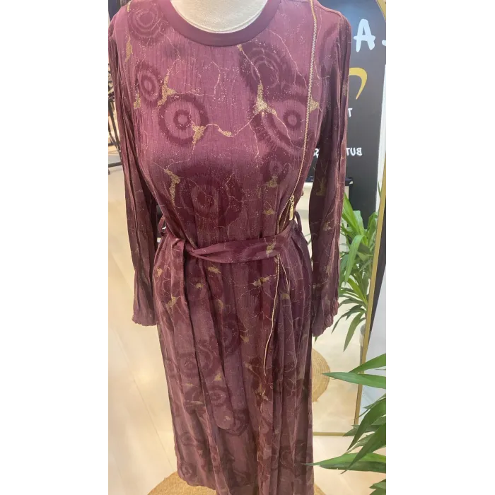 misswhence Fermuarlı Jakarlı Cupro Elbise 36802 bordo