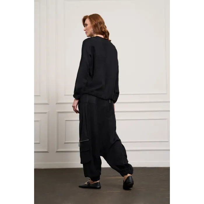 MİSSWHENCE Keten Şalvar Takım 37002 SİYAH