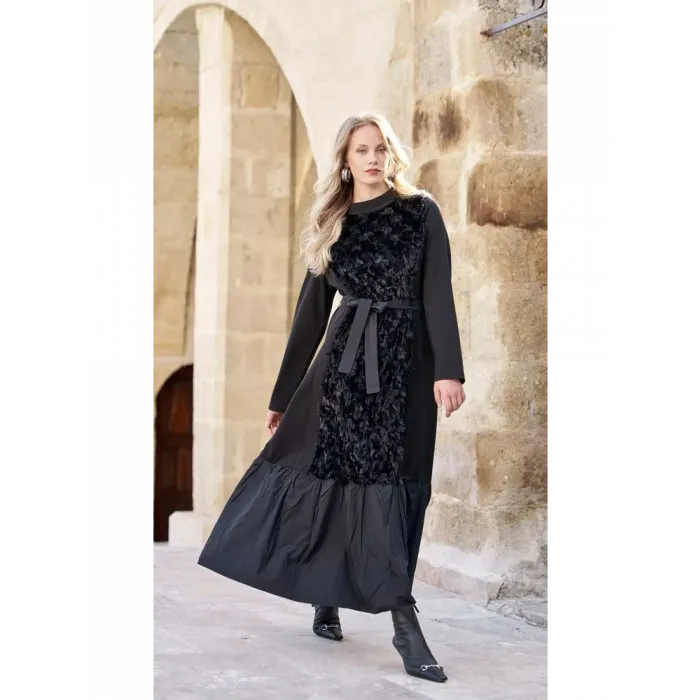 Misswhence Önü Kadife ve Saçak Detaylı Örme Elbise 40801 siyah