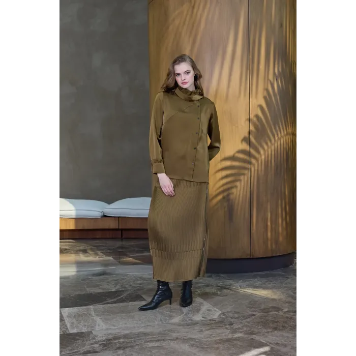 Misswhence Saten Pliseli Etek Takım 38015 HAKİ