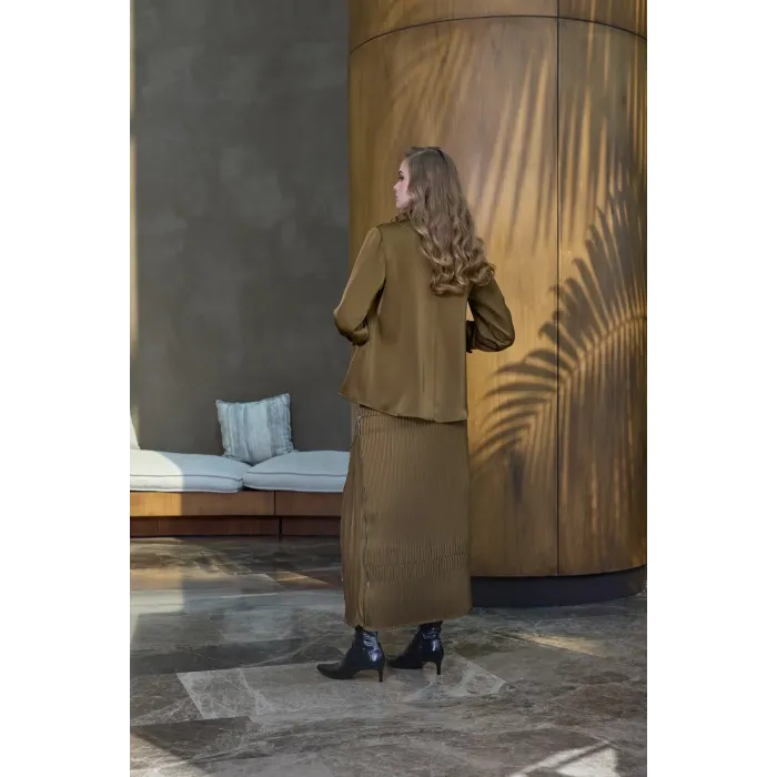 Misswhence Saten Pliseli Etek Takım 38015 HAKİ