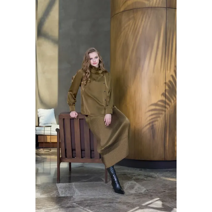 Misswhence Saten Pliseli Etek Takım 38015 HAKİ