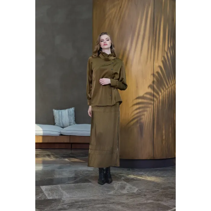 Misswhence Saten Pliseli Etek Takım 38015 HAKİ