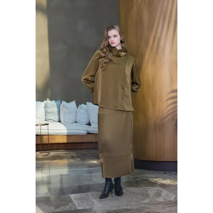 Misswhence Saten Pliseli Etek Takım 38015 HAKİ