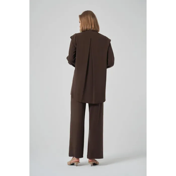 Nuss Çiçeklei Boncuk İşlemeli Pantolonlu Takım - Kahve 1032