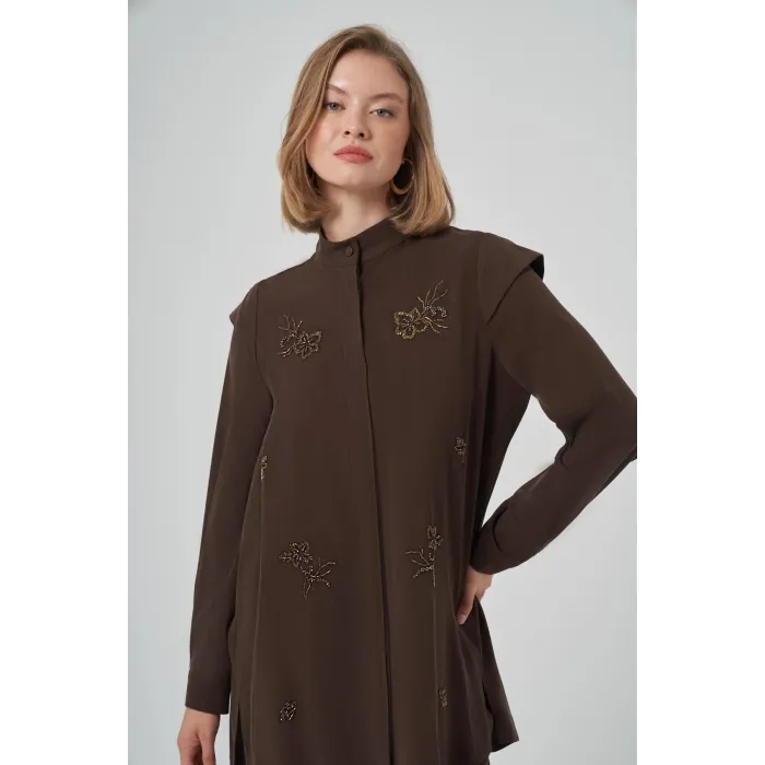 Nuss Çiçeklei Boncuk İşlemeli Pantolonlu Takım - Kahve 1032