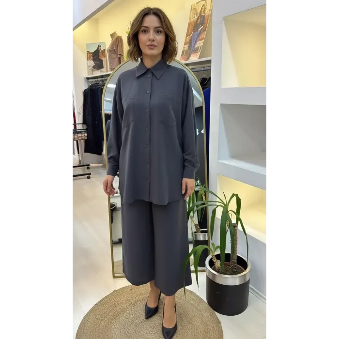 Nuss 1021 Kendinden Çizgili Pantolonlu Takım - Antrasit